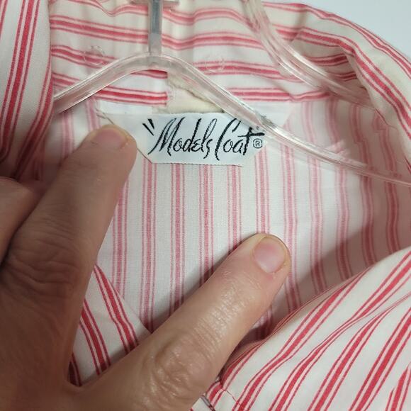 VINTAGE Red White Striped Models Coat Housecoat Housedress Large Pocket Snaps - Picture 5 of 8